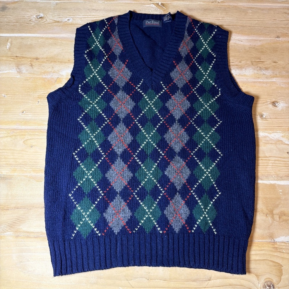 Par Four Sportswear Mens Argyle Sweater Vest Navy Blue‎ Wool Blend Size Medium